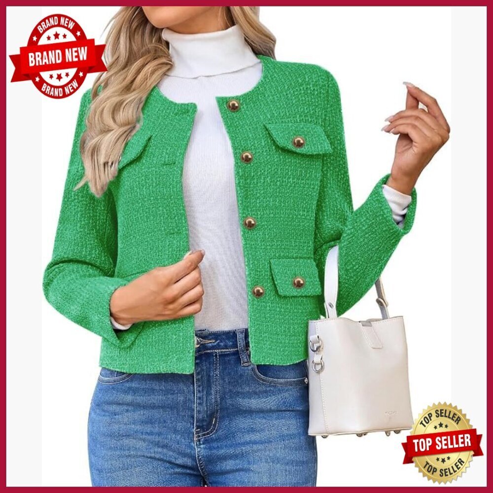 Tweed Blazer Slim Fit Cropped Button Down Jacket Casual Business Wear